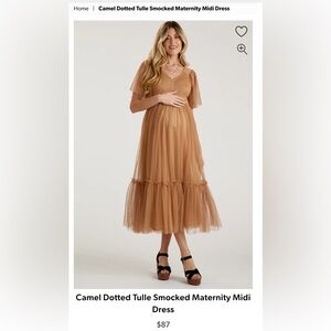 SOLD- Pink Blush Maternity - Brown Camel Dotted Tulle Smocked Maternity Dress